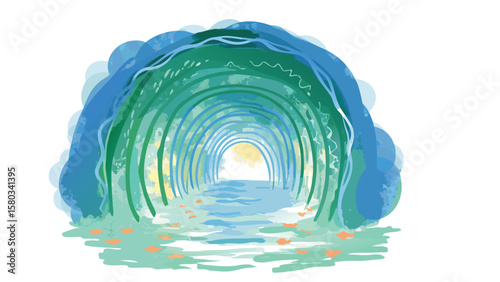 Watercolor style tunnel with blue and green hues leading to a bright light at the end of path view