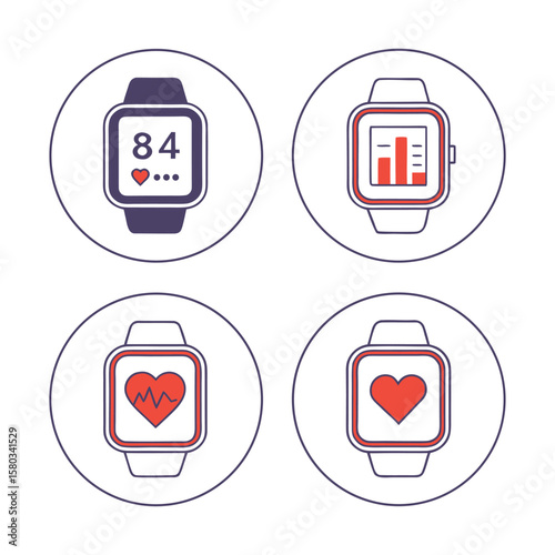 Health Monitoring Icons – Heart Rate, Smartwatch, BMI, Steps Tracker