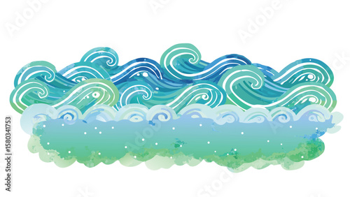 Illustration of stylized blue and green waves with a watercolor effect and a cloudy green base