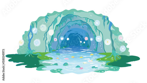 Illustration of a water cave with glowing orbs and a stream running through it in pastel colors