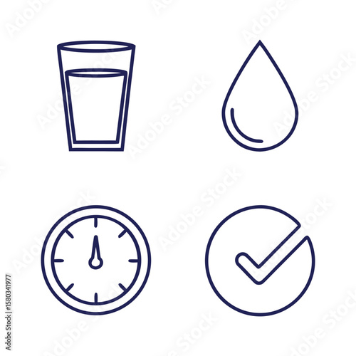 Hydration and Water Reminder Icons – Glass, Bottle, Dehydration Alert, Refill Symbol