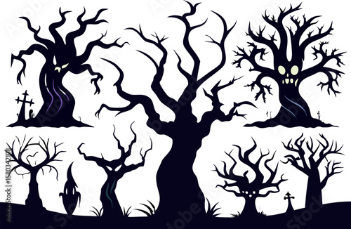 6 Spooky Halloween Tree Silhouettes Vector Pack