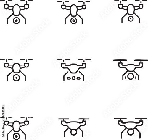 Nine minimalist black line art drone icons arranged in a 3x3 grid quadcopter aerial vehicle