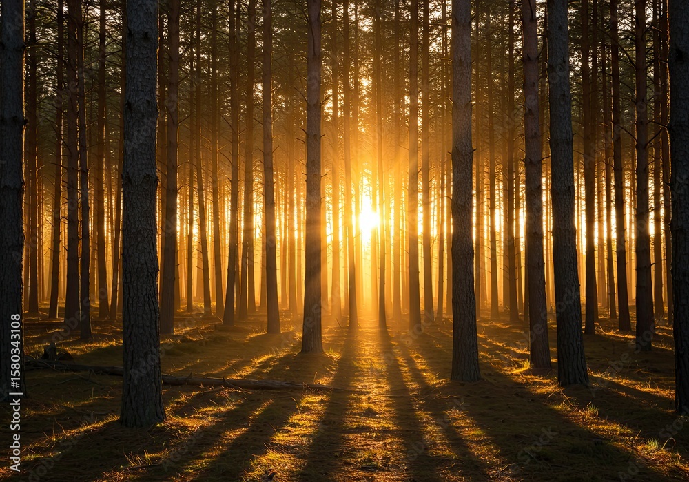 Fototapeta premium Golden Forest Sunrise: Sunbeams Through Tall Trees, Nature's Serenity.
