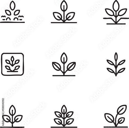 Nine minimalist black line art icons depicting plant growth and seedlings on white background sprout