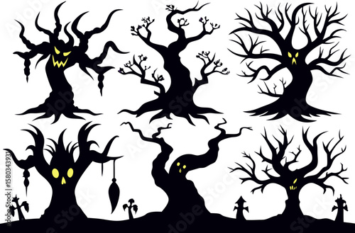 6 Spooky Halloween Tree Silhouettes Vector Pack