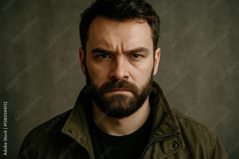 Fototapeta premium A man with a stern expression stands against a textured gray backdrop