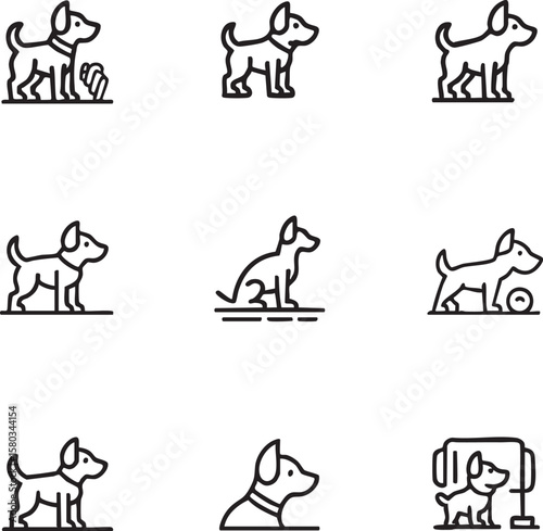 Nine minimalist black line art icons of dogs in various poses and activities dog icon pet icon