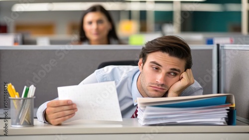 Work Hard, Nap Later Frustrated office worker staring at paperwork, feeling disengaged and overwhelmed in a cubicle environment.