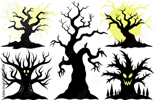 6 Spooky Halloween Tree Silhouettes Vector Pack