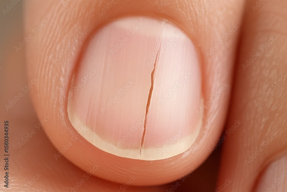 A close-up view of a nail with a crack A close-up view of a nail with a crack