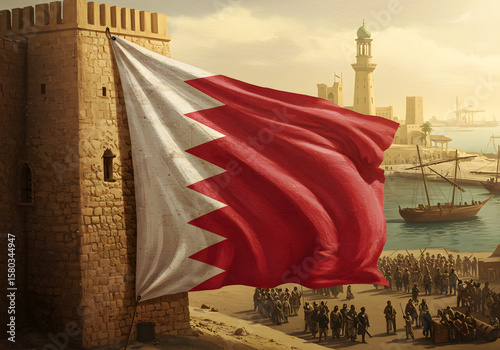 Bahrain Flag Flying High Fortress and Harbor Scene, Historical Architecture, People, Boats, Middle Eastern Culture, Illustration, Art.