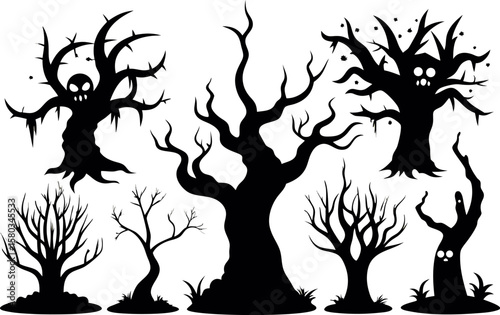 6 Spooky Halloween Tree Silhouettes Vector Pack