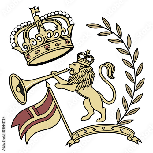 Regal Heraldry Design Depicting a Crowned Lion Trumpeting with Flags and Laurel Branch Detailing Royalty and Nobility