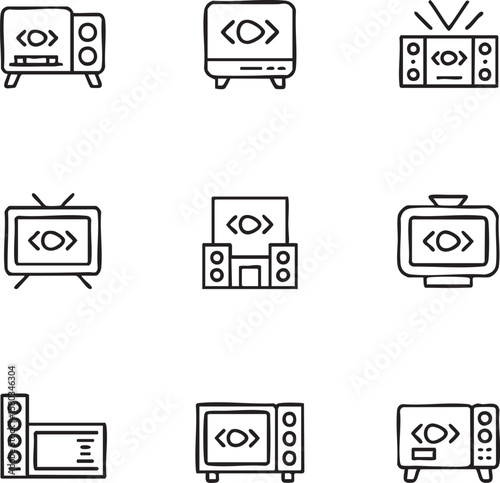 Set of 9 minimalist line art icons depicting televisions and audio equipment icon set speakers