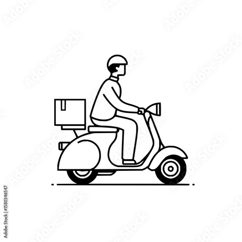 A person riding a scooter with a delivery box in a black and white outlined vector illustration