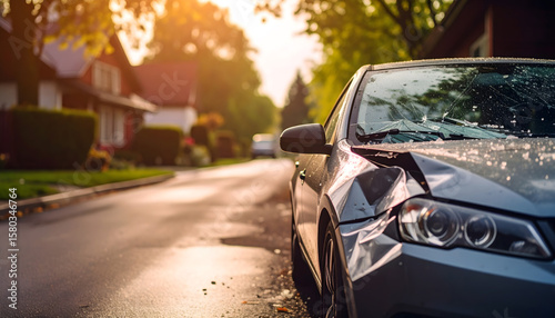 A damaged car with a crumpled front end and broken windshield sits on a residential street during golden hour, reflecting a somber scene
