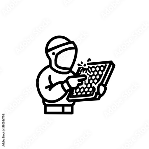 Person in protective suit cleaning a honeycomb structure with a spray nozzle in a line art style
