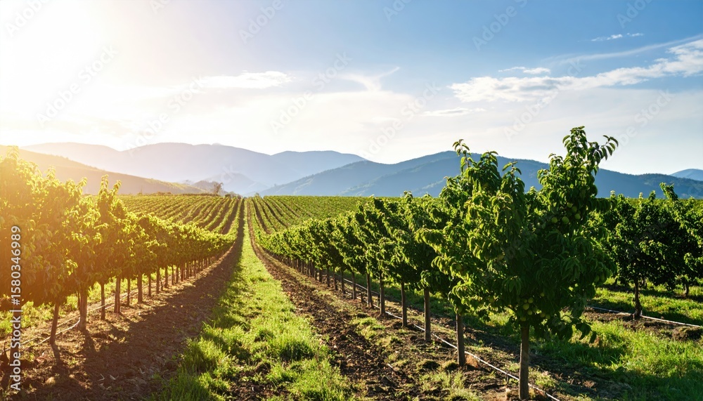 Fototapeta premium Vineyard rows stretch to distant mountains under a bright, sunny sky