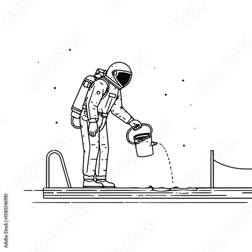 Astronaut in space suit watering a surface with stars in the background in black and white style drawing