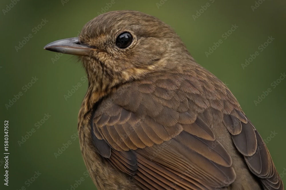 Fototapeta premium A solitary bird perches on a blurred green backdrop, its gaze directed towards the unseen horizon