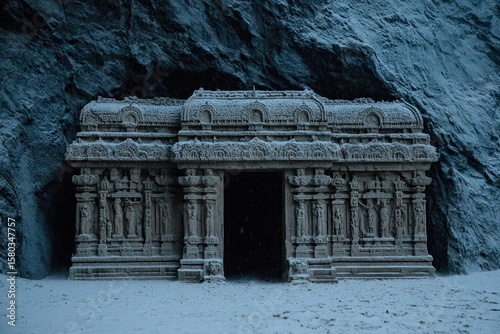 Ancient stone temple entrance, snow-covered, in a dark cave