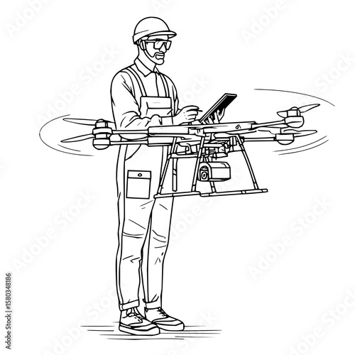 An engineer in overalls and hardhat using a tablet while standing next to a drone with spinning propellers