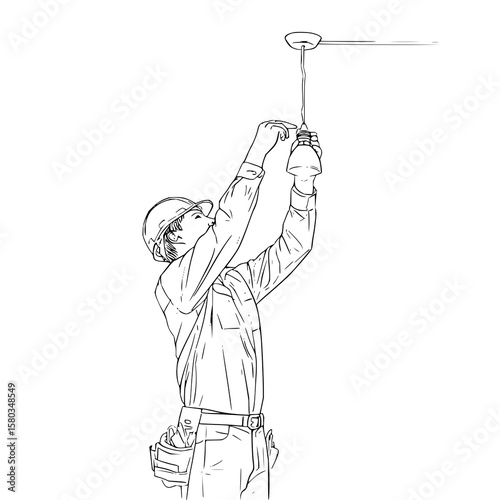 Line art of an electrician installing a light bulb in a ceiling fixture with a tool belt and hard hat