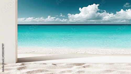 Beach vista through a white archway.  Tranquil turquoise water, white sand,  and a bright sky