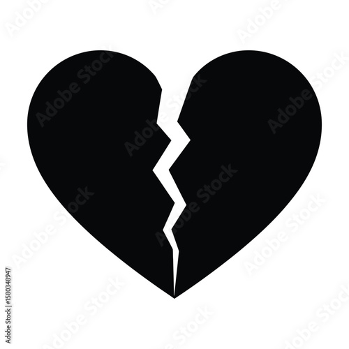 "Broken Heart Icon – Black and White Love Breakup Symbol Vector Illustration"