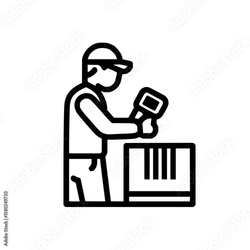 Man in cap scanning a barcode on a box with handheld scanner in a warehouse or delivery setting icon