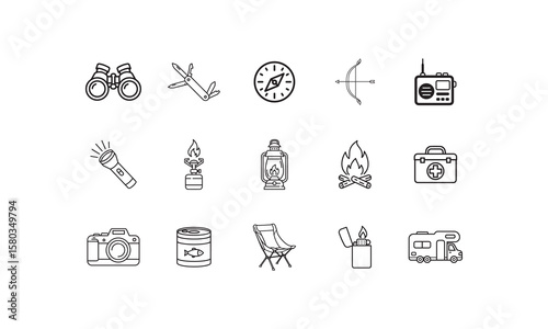 Camping gear icons binoculars knife