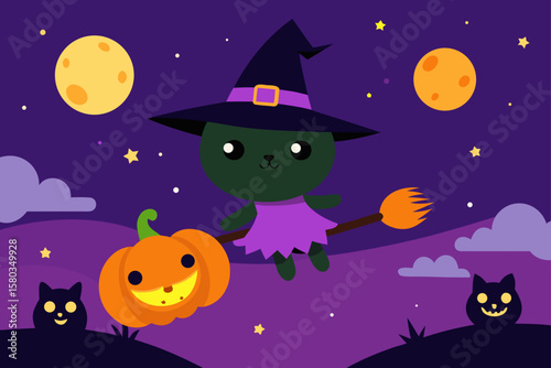 Spooky Halloween night with a cartoon witch, black cat, and pumpkin silhouettes under a starry moonlit sky, perfect for a vector illustration background
