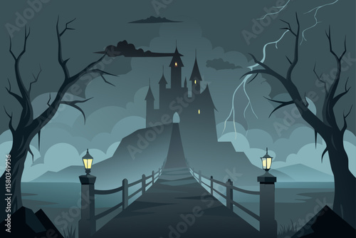 Spooky Halloween night scene with a haunted castle, dark sky, and silhouetted trees under a full moon