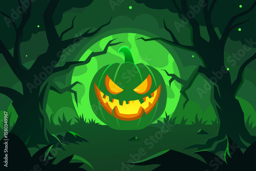 A scary Halloween pumpkin with an evil face glows orange in the dark night, surrounded by bats, a spooky autumn celebration illustration