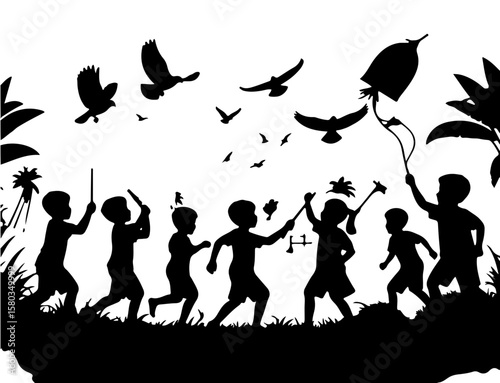 Silhouette of Children Playing in the Countryside with Mountain Background