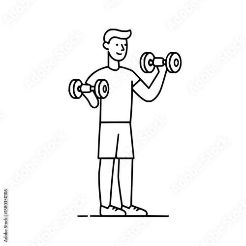 Man in shorts and tshirt lifting dumbbells in a line art style fitness and exercise illustration scene