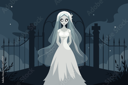 A fashion illustration of a beautiful bride in a flowing wedding gown, her silhouette accentuated by the veil and flowers, against a dark, ethereal night
