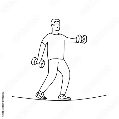 Man balancing on a line while holding dumbbells in a black and white line drawing illustration style