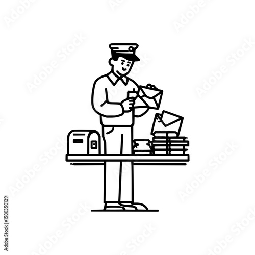 A postman in uniform sorting mail at a table with a mailbox and stack of envelopes in a line drawing style