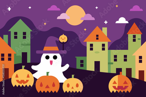 Spooky Halloween night with a haunted house, pumpkins, and bats under a full moon illustration