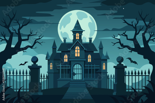 Spooky Halloween night with a haunted castle, dark trees, flying bats, and a glowing pumpkin under the moonlit sky
