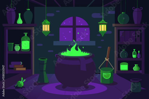 Vector cartoon illustration of a Halloween witch on a broom flying over a house with a tree under a night sky