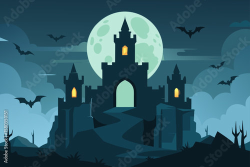 Spooky Halloween night with a haunted house and bats silhouetted against a full moon and dark sky