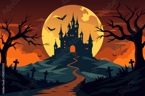 A spooky Halloween night landscape with a haunted castle, silhouetted trees, flying bats, and a scary pumpkin under an autumn moon