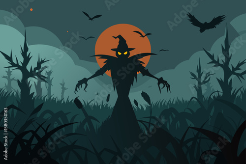 Spooky Halloween night vector illustration with bats, a scary moon, and a silhouetted tree