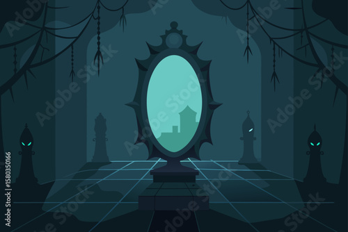 An illustration of a man's silhouette on a swing or chair under a moonlit night in a dark forest