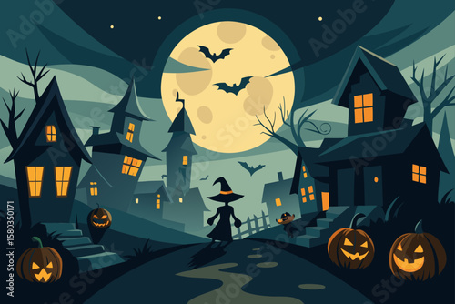 Spooky Halloween night background with haunted house, glowing pumpkin, and flying bats under a crescent moon