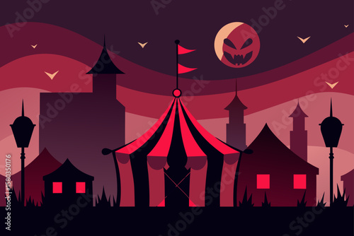 A spooky vector illustration of a haunted castle and house silhouette against a full moon on Halloween night