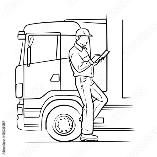 Man in hard hat leaning against truck and holding a tablet in a black and white outline drawing style